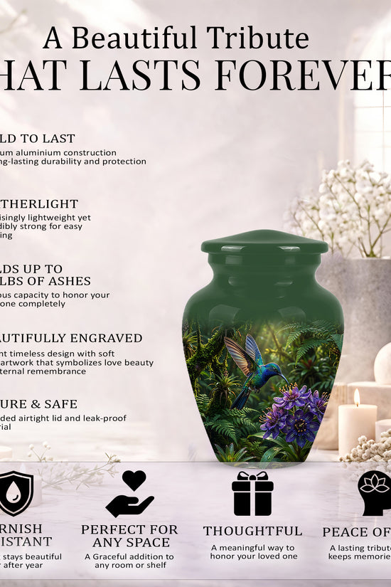 Flying Hummingbird Themed Urn - Beautiful Purple Flower Cremation Urns