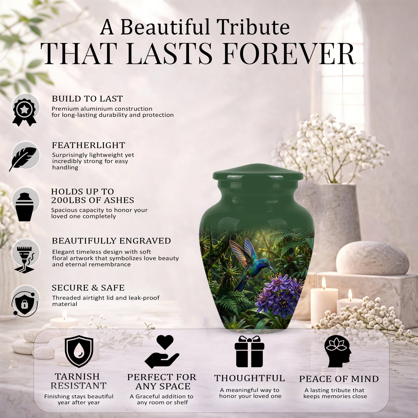 Flying Hummingbird Themed Urn - Beautiful Purple Flower Cremation Urns