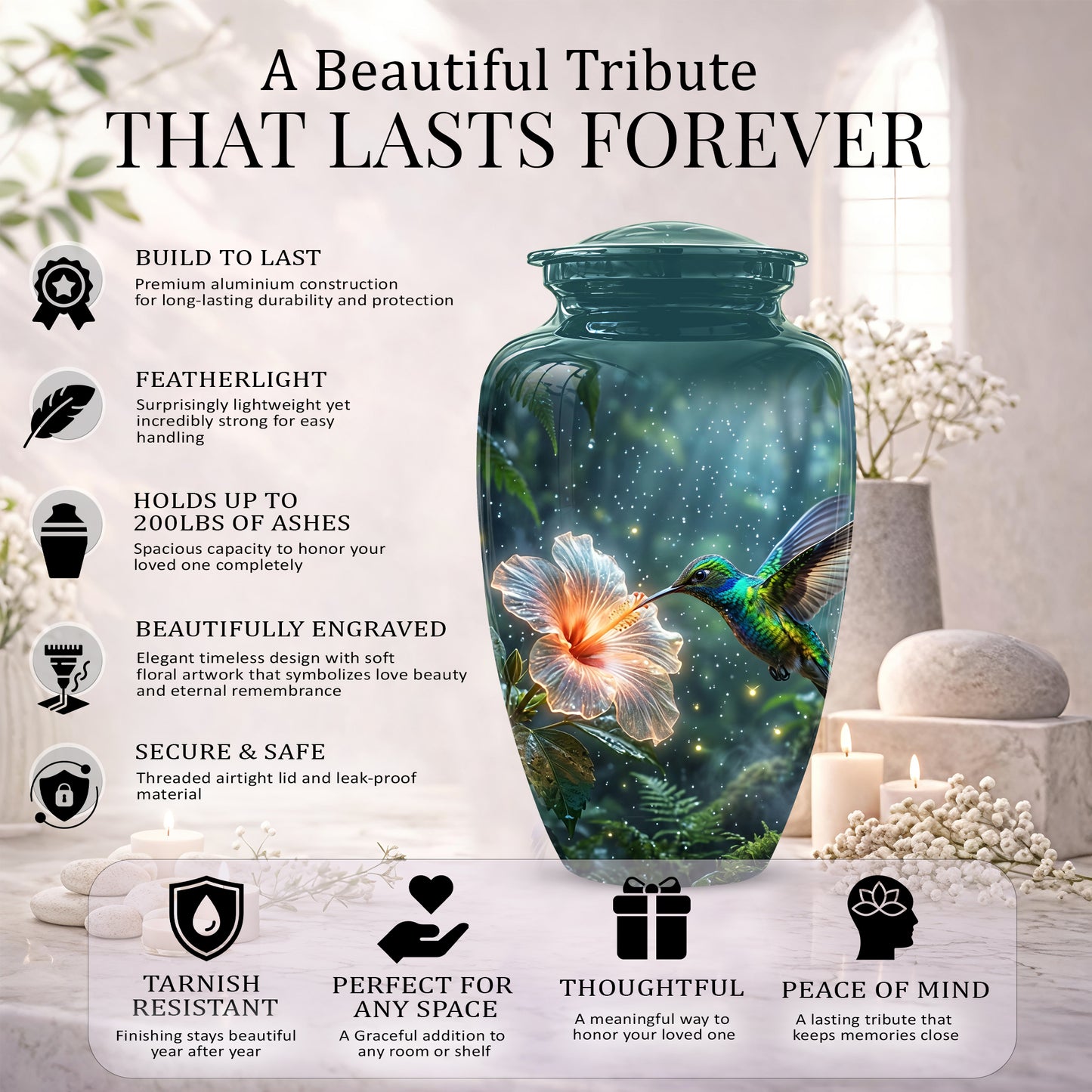 Hummingbird Cremation Urn for Ashes - Elegant Floral Memorial Urn