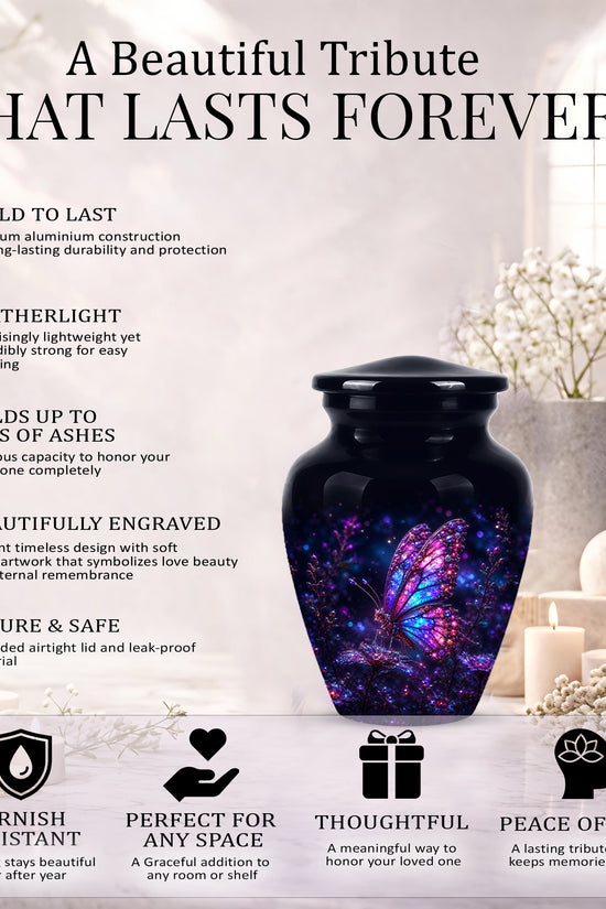 Glowing Purple Butterfly Cremation Urn - Custom Urns For Women Ashes