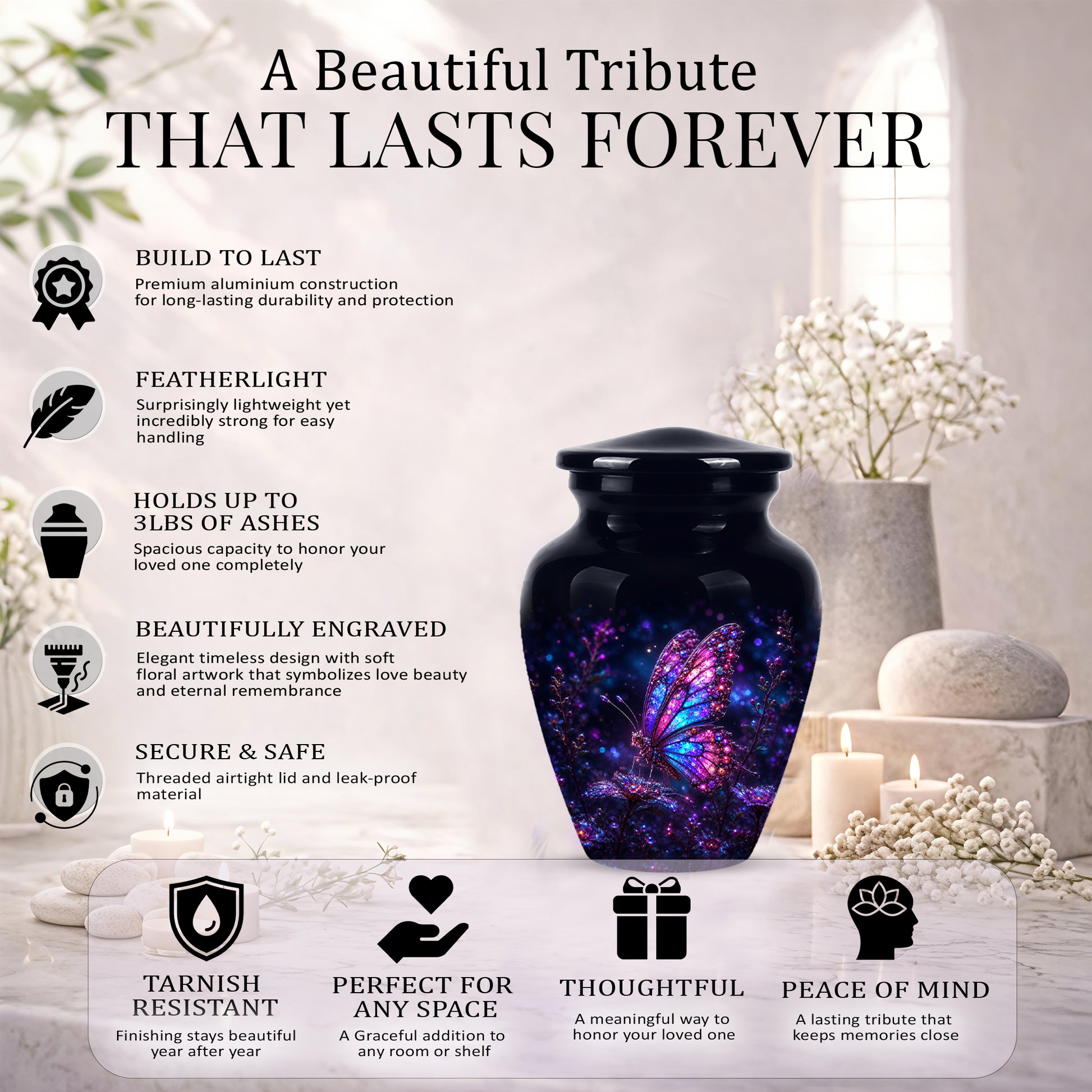 Glowing Purple Butterfly Cremation Urn - Custom Urns For Women Ashes
