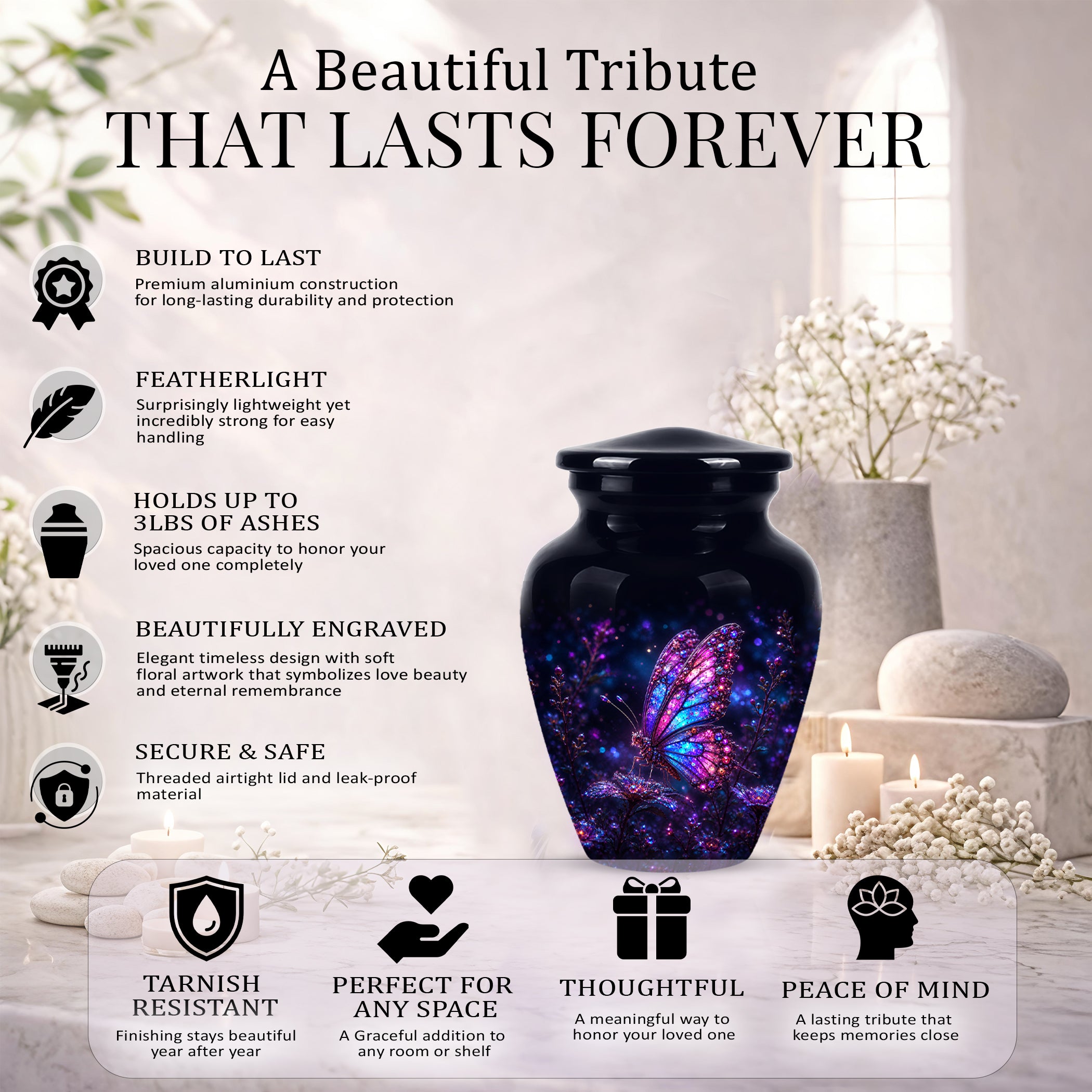 Glowing Purple Butterfly Cremation Urn - Custom Urns For Women Ashes