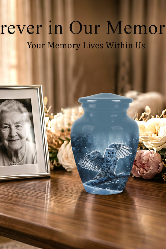 Snowy Owl Cremation Urn - Blue Funeral Urns For Human Ashes