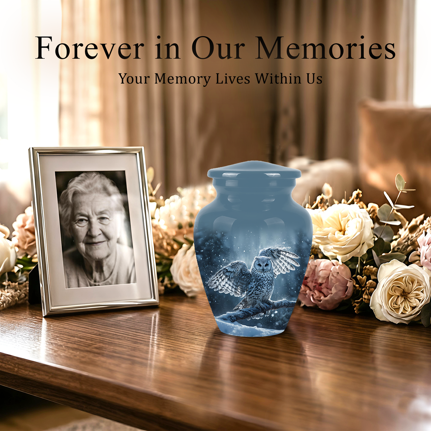 Snowy Owl Cremation Urn - Blue Funeral Urns For Human Ashes