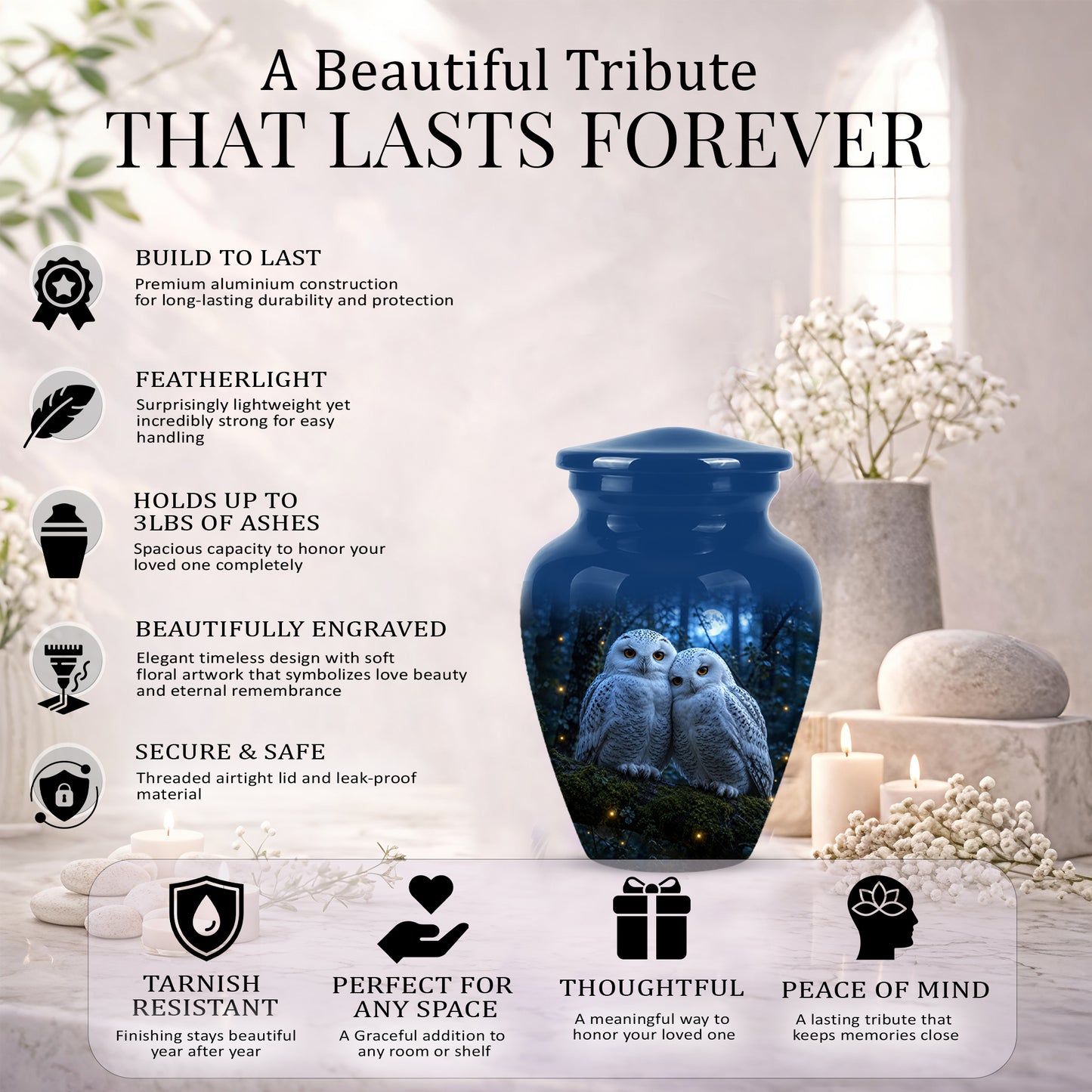 Snowy Owl Cremation Urn - Majestic Blue Memorial Urns For Human Ashes