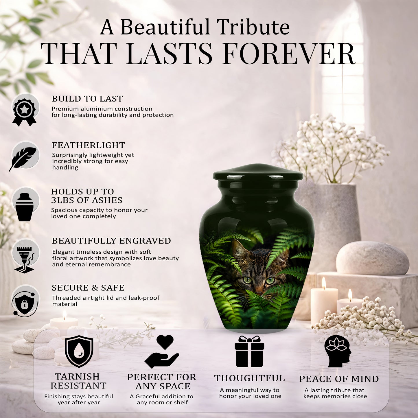 Cat Cremation Urns For Ashes - Personalized Black Pet Burial Urns