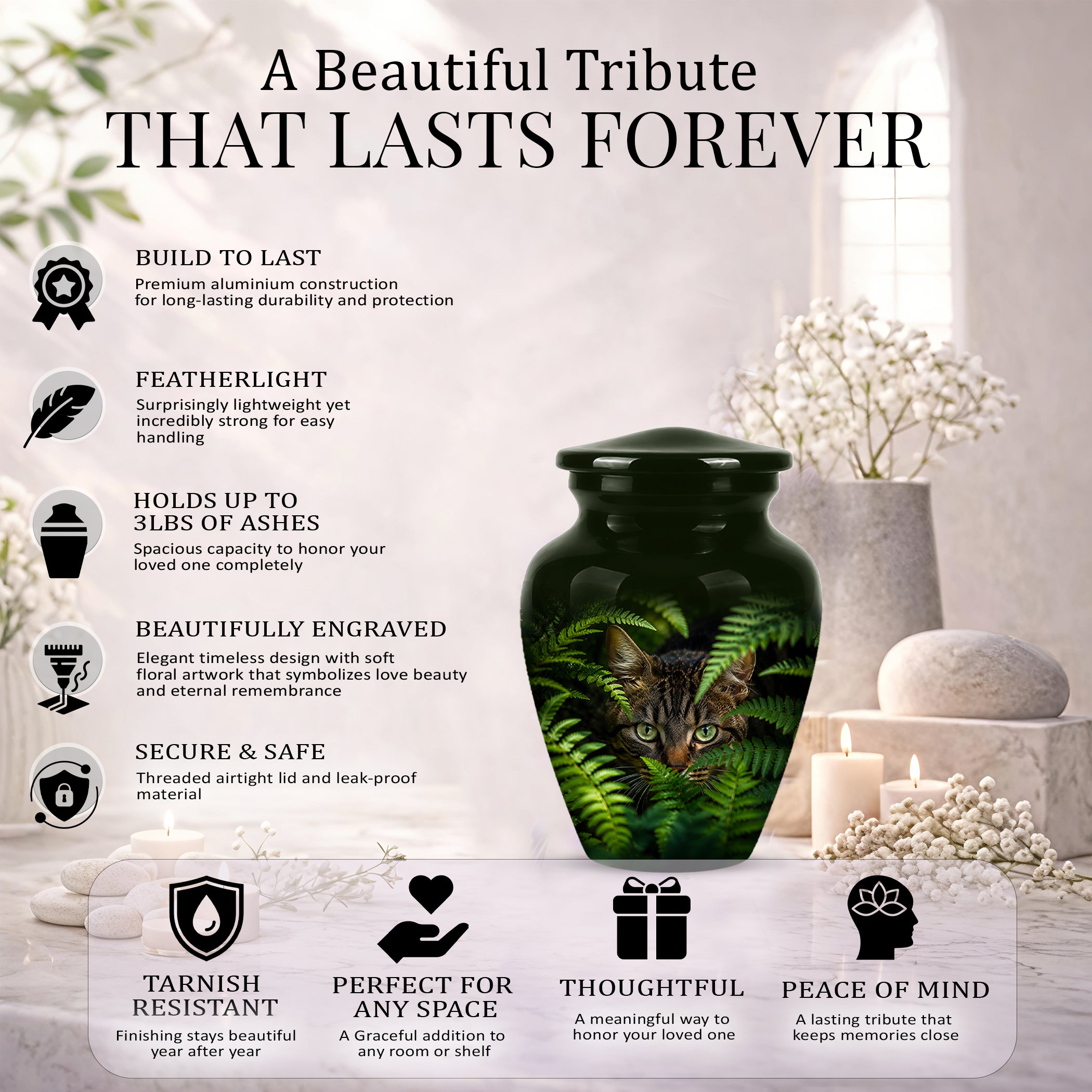 Cat Cremation Urns For Ashes - Personalized Black Pet Burial Urns