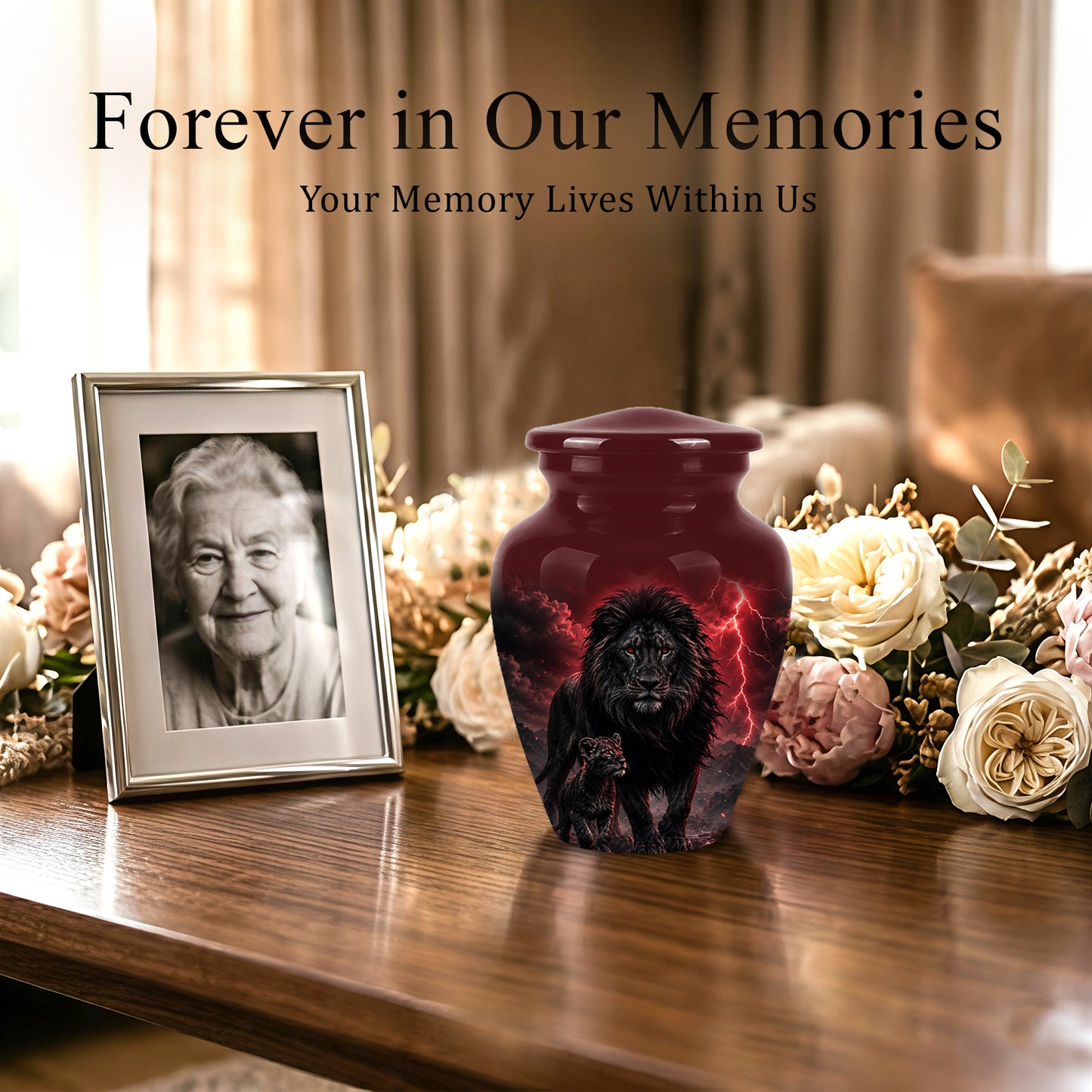 Lion With Cub Urn - Handcrafted Personalized Lion Burial Urn For Ashes