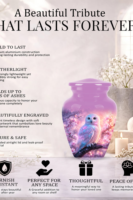 White Owl Cremation Urn - Beautiful Pink Memorial Urns For Human Ashes