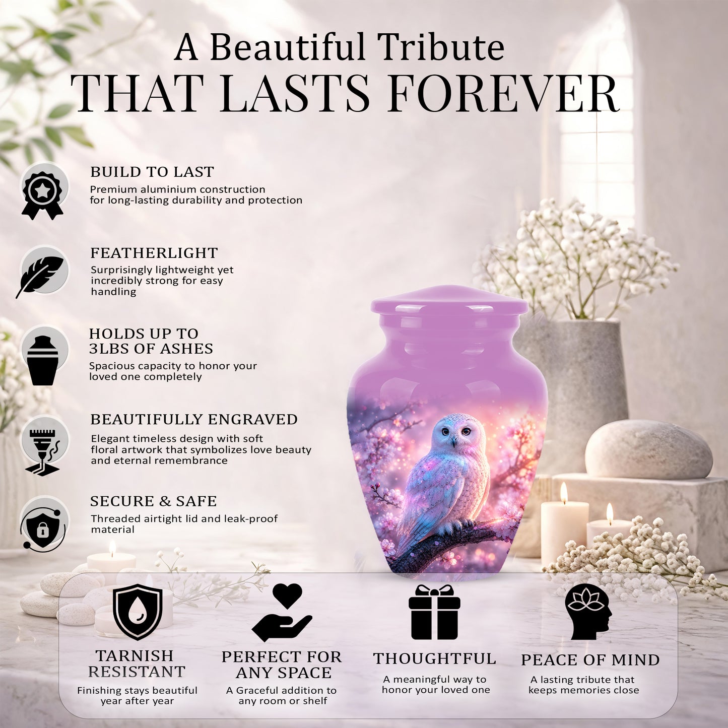 White Owl Cremation Urn - Beautiful Pink Memorial Urns For Human Ashes