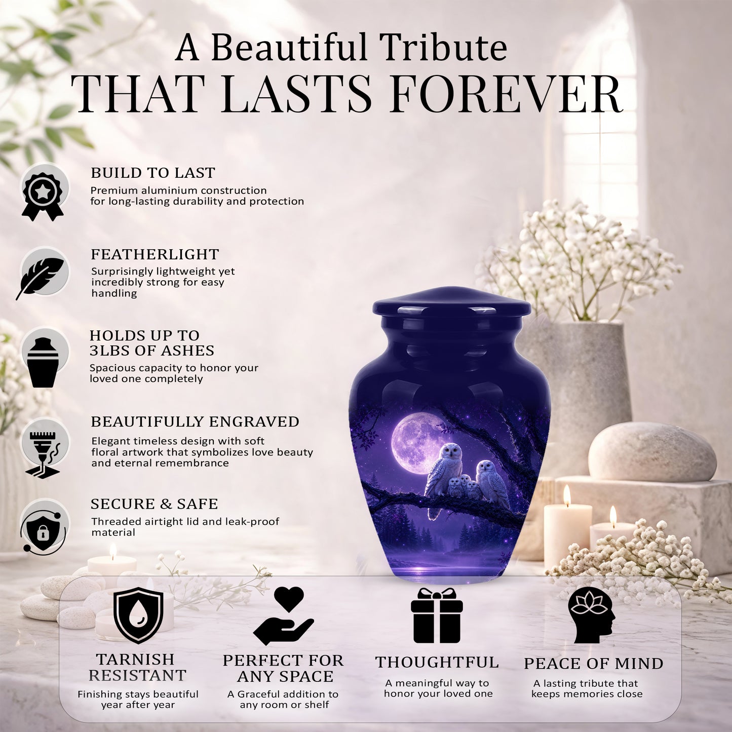 Purple Owl Cremation Urn - Handcrafted Memorial Urn For Adults Ashes