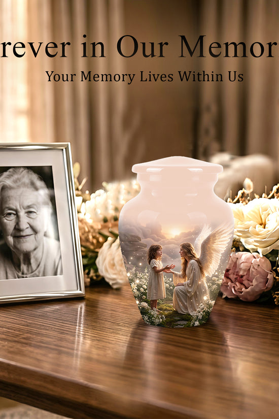 Angel Mom With Girl Child - Beautiful Artistic Custom Urns For Mom Ashes