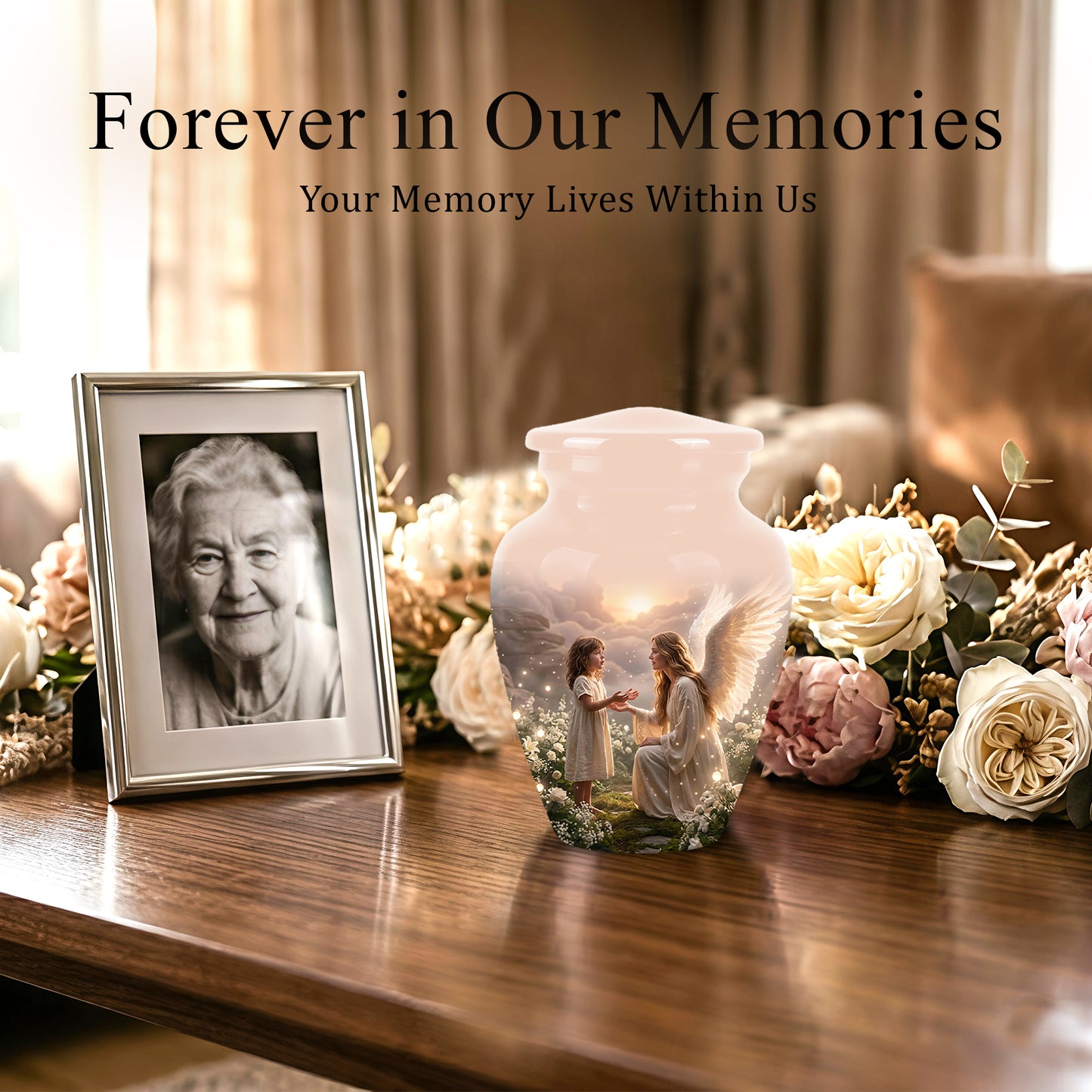 Angel Mom With Girl Child - Beautiful Artistic Custom Urns For Mom Ashes