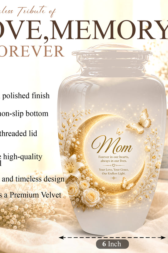 Floral Memorial Urn for Mom – White Aluminium Cremation Urn for Ashes