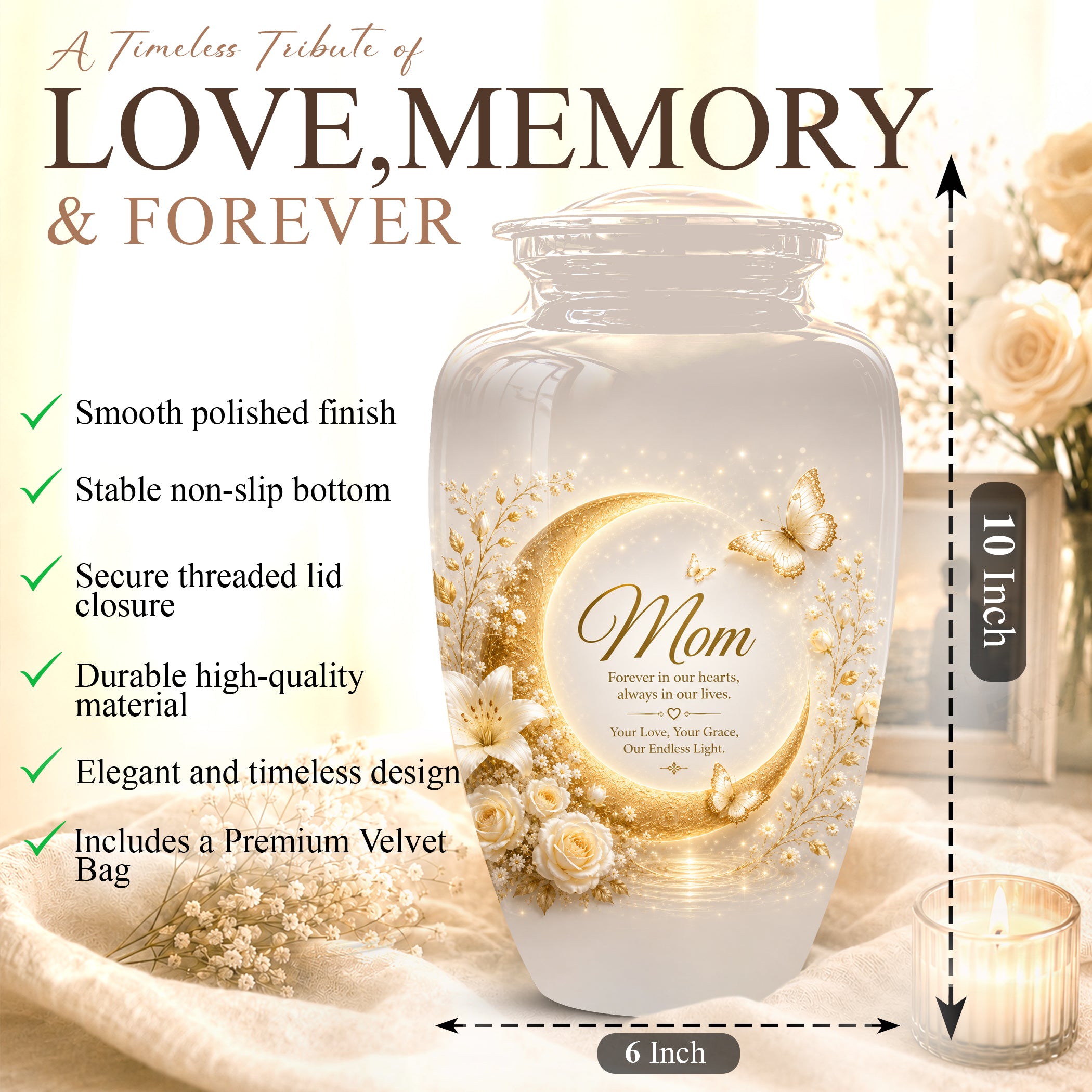 Floral Memorial Urn for Mom – White Aluminium Cremation Urn for Ashes
