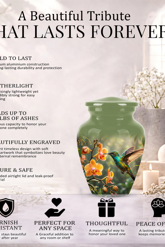 Colorful Hummingbird Urn - Green Cremation Urn For Nature Lovers Ashes