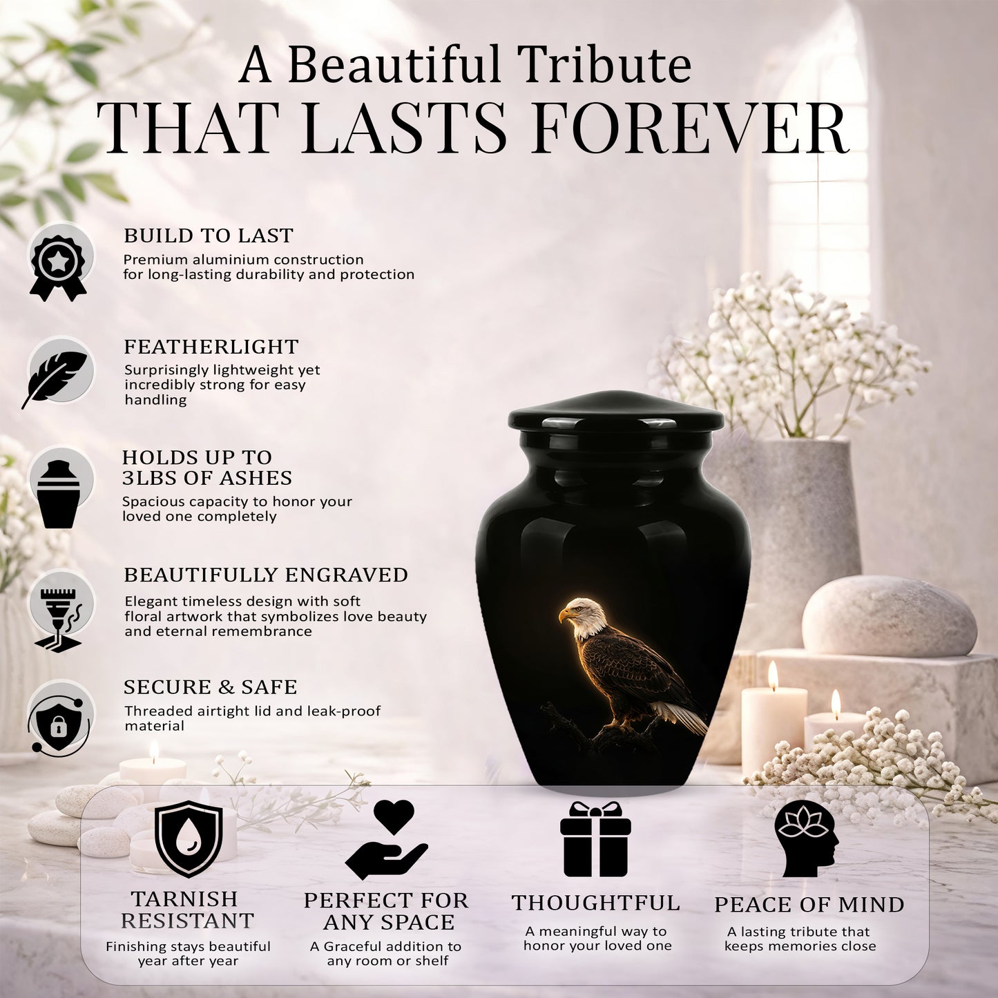 Bald Eagle Cremation Urn - Personalized Black Urns For Human Ashes