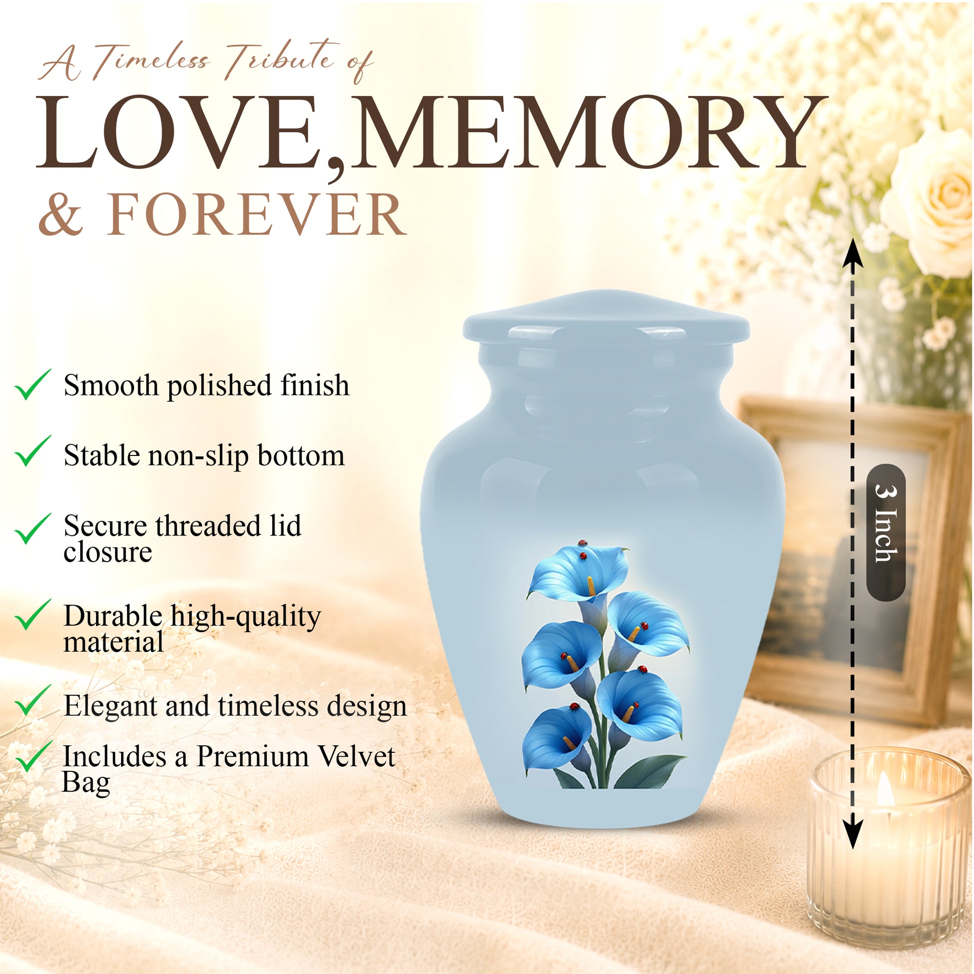 Personalized Blue Orchid Cremation Urn - Beautiful Urns For Women Ashes