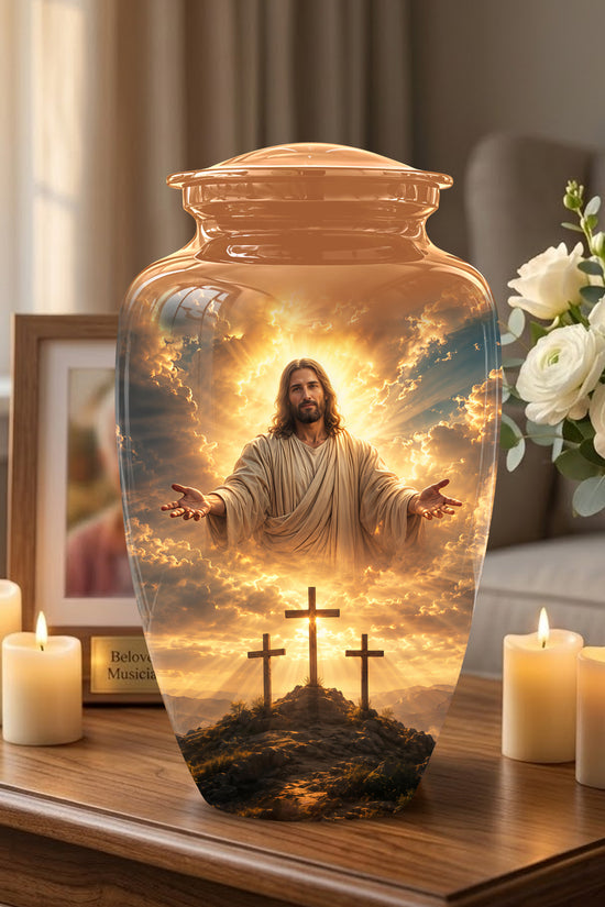 Christian Cross Themed Urn - Sunset Jesus Urns For Spiritual Human Ashes