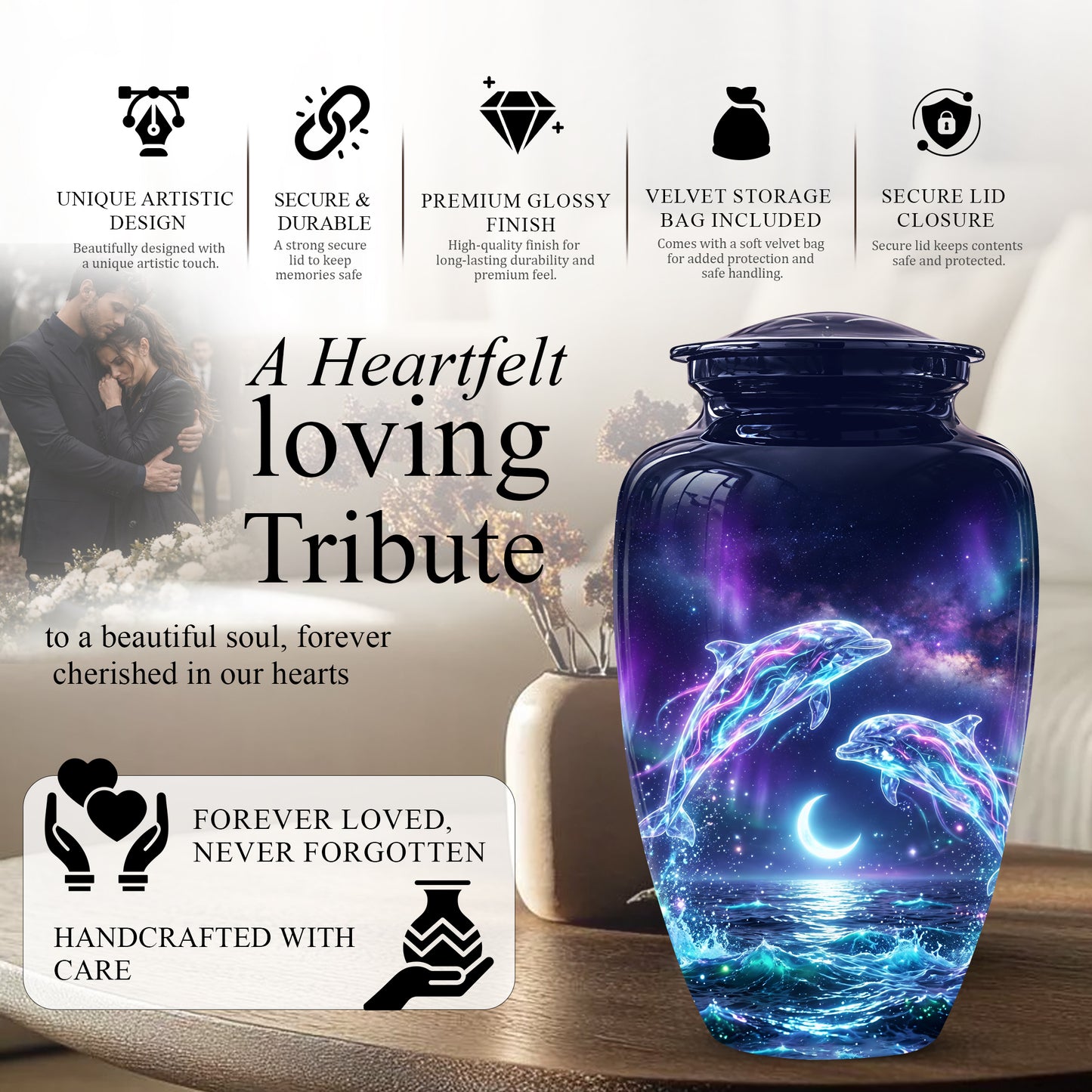 Dolphin Cremation Urn - Artistic Moonlight Memorial Urns For Ashes