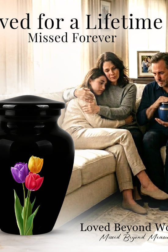 Colorful Tulips Flower Cremation Urn - Personalized Black Urns On Sale