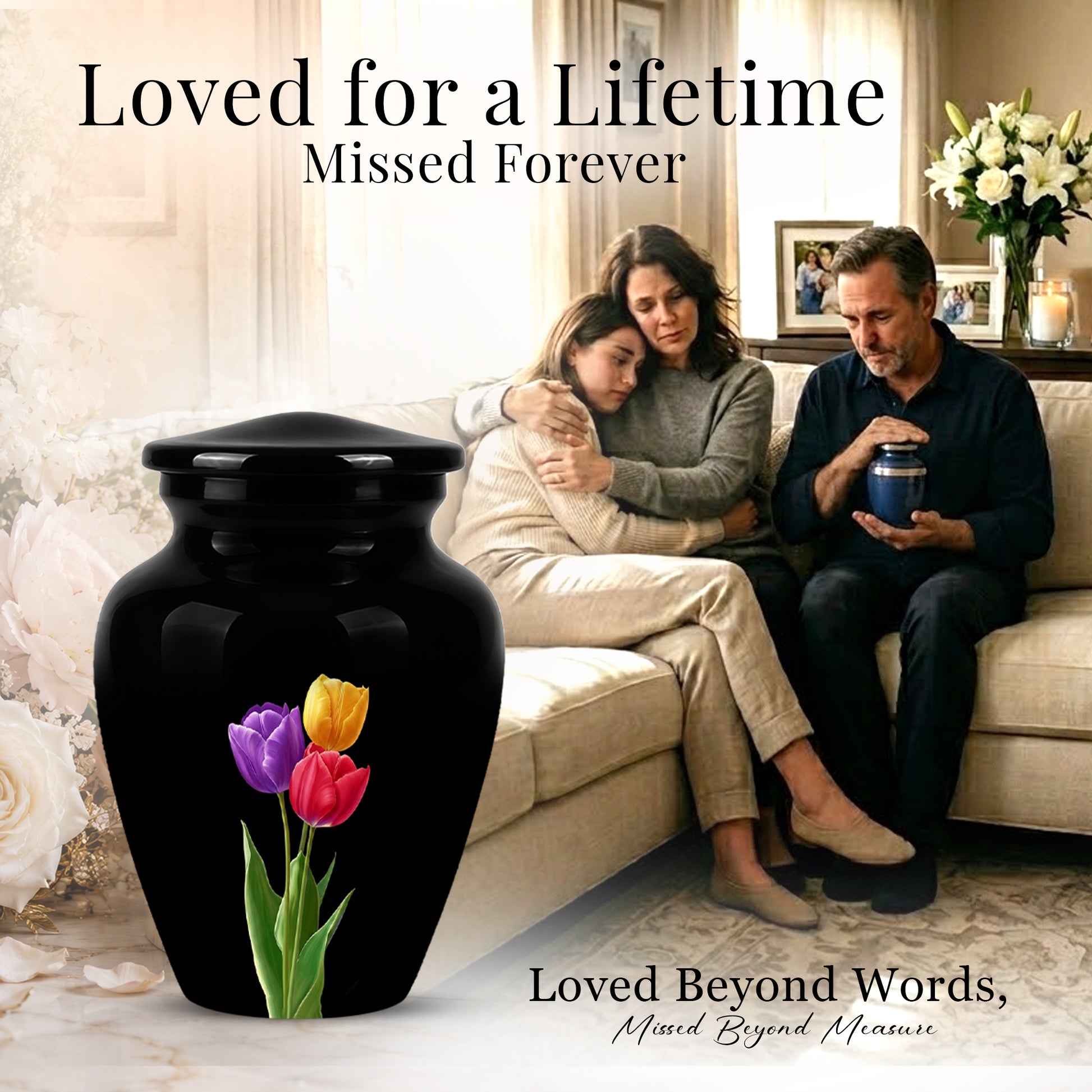 Colorful Tulips Flower Cremation Urn - Personalized Black Urns On Sale