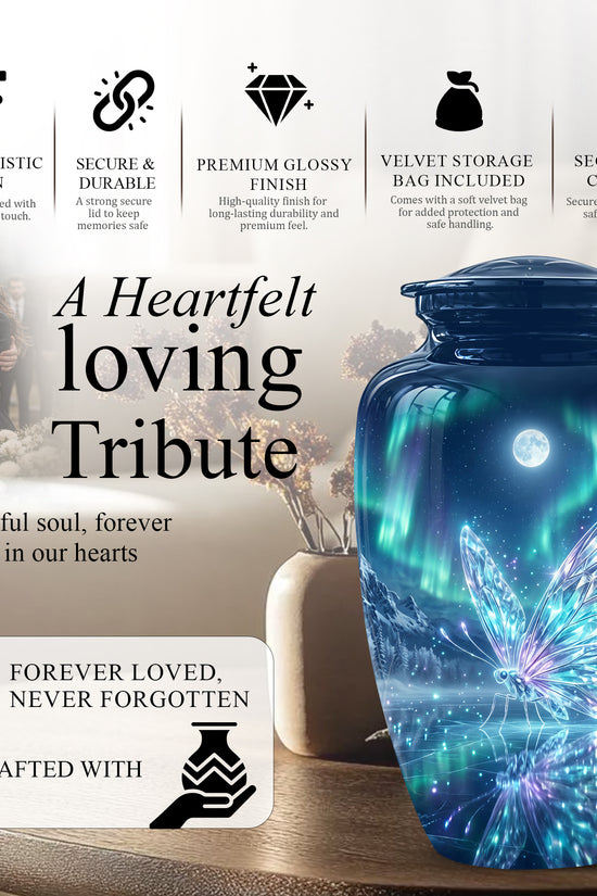 Glowing Butterfly Cremation Urn - Beautiful Blue Memorial Urns For Mom