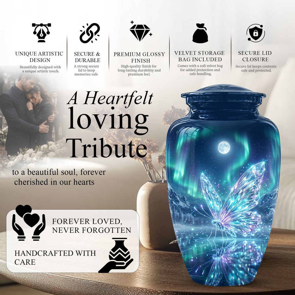 Glowing Butterfly Cremation Urn - Beautiful Blue Memorial Urns For Mom