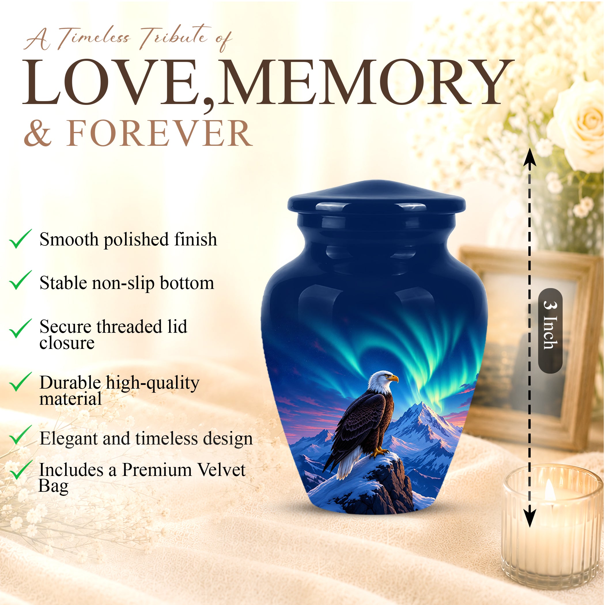 Personalized Bald Eagle Cremation Urn - Northern Lights Memorial Urns For Ashes