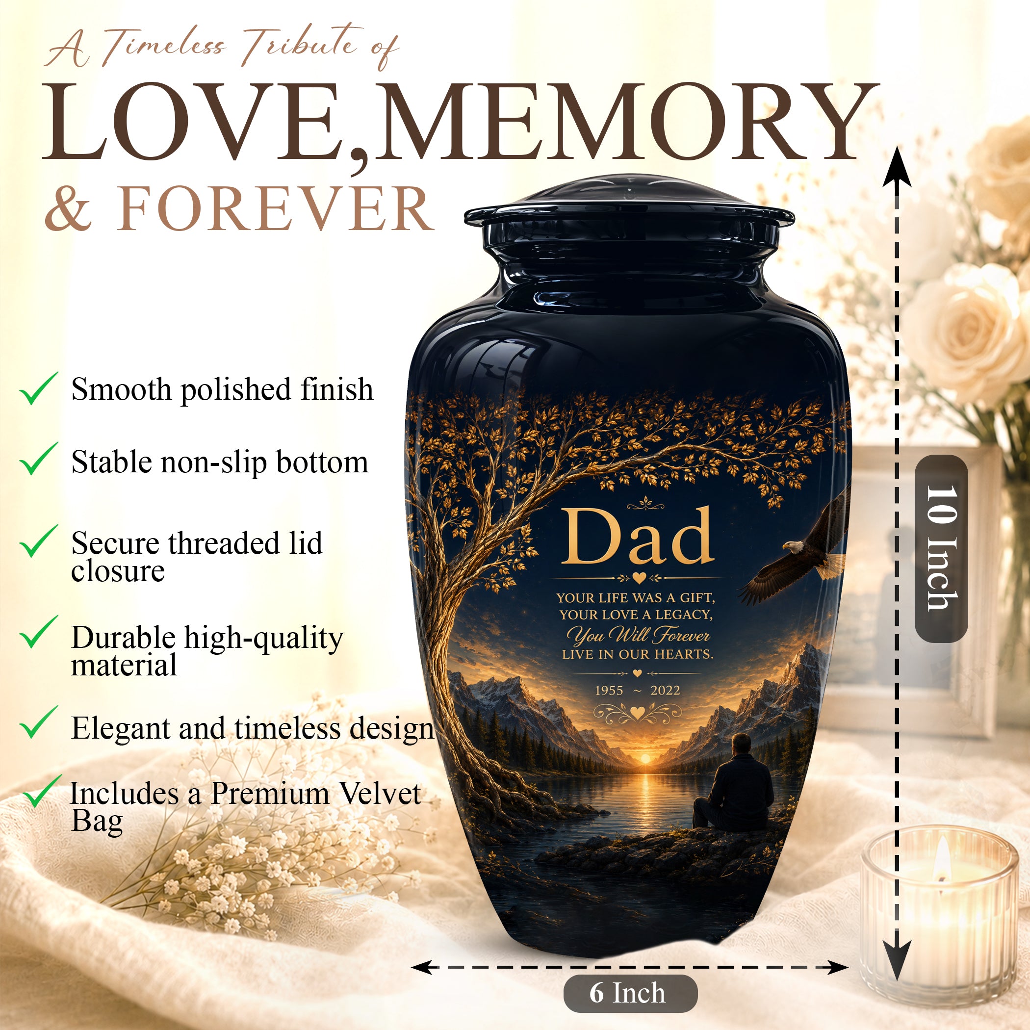 Mountain Memorial Urn for Dad – Black Funeral Urn for Human Ashes