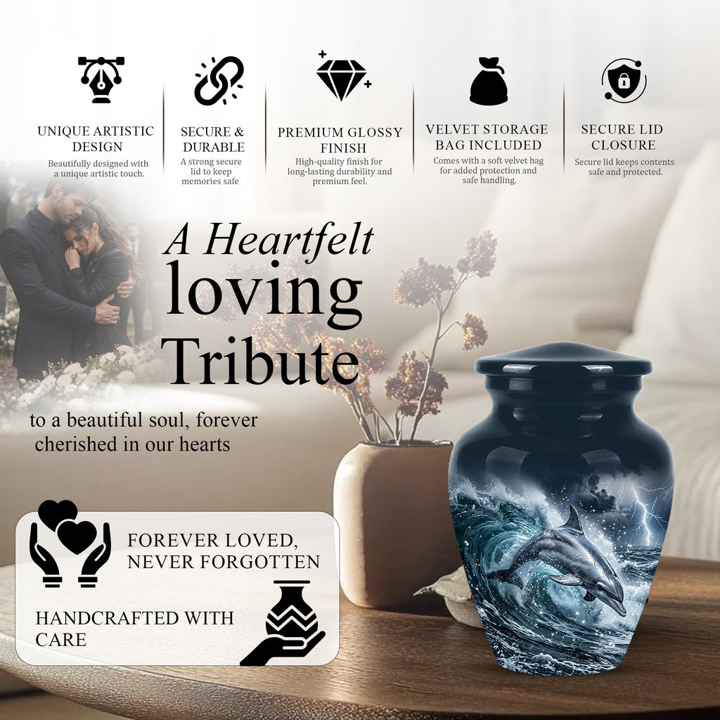 Black Dolphin In Storm Rain - Personalized Funeral Urns For Warriors