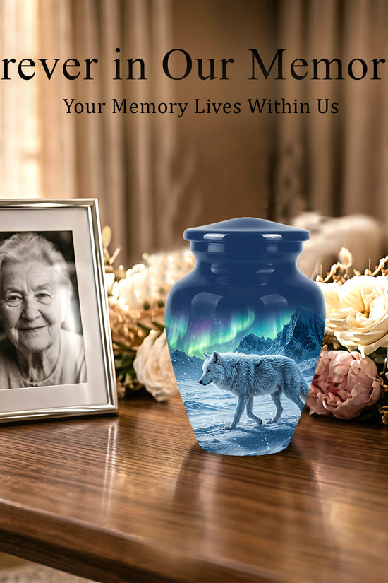 Snowy Wolf Cremation Urn - Northern Light Memorial Urn For Human Ashes