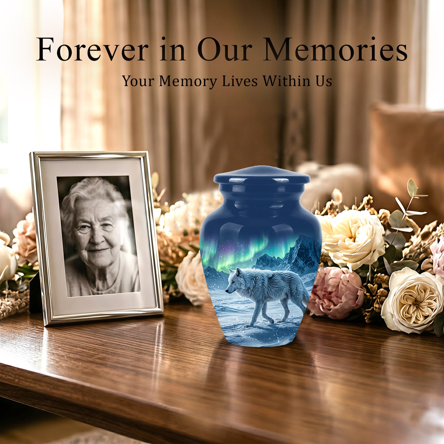 Snowy Wolf Cremation Urn - Northern Light Memorial Urn For Human Ashes