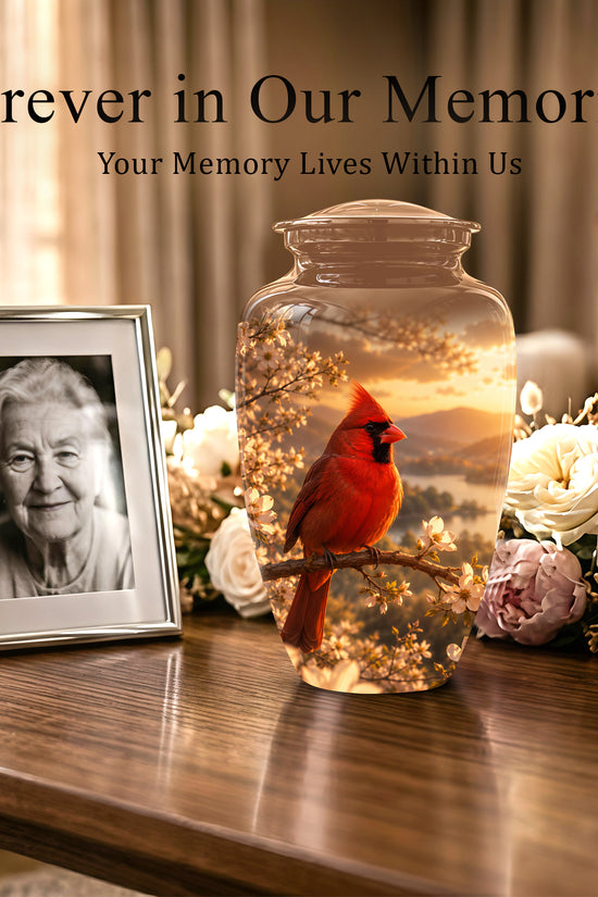 Red Cardinal Bird - Beautiful Sunset Scenic Burial Urns For  Ashes