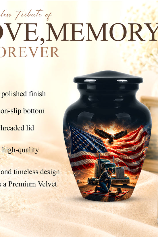 Personalized Patriotic Truck Driver Funeral Urn with American Flag Design