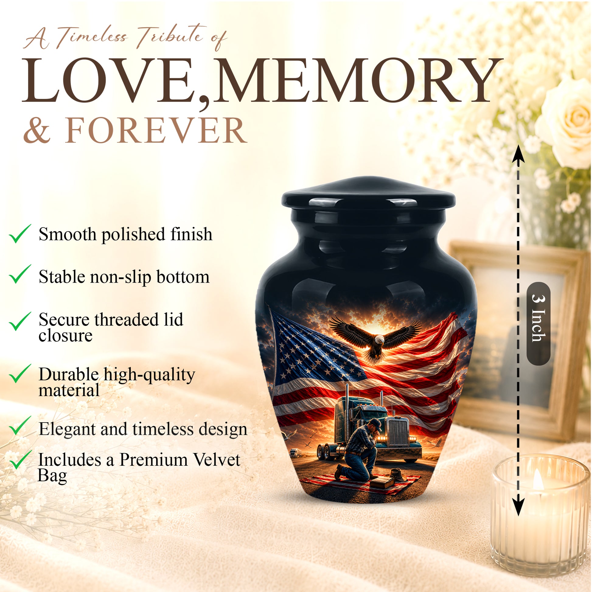 Personalized Patriotic Truck Driver Funeral Urn with American Flag Design