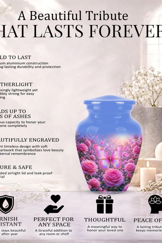 Pink Butterfly On Flower Funeral Urn - Handcrafted Urns For Mom Ashes