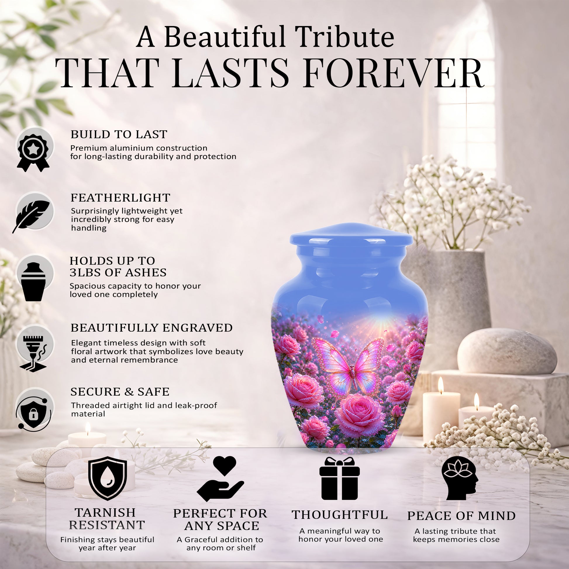 Pink Butterfly On Flower Funeral Urn - Handcrafted Urns For Mom Ashes