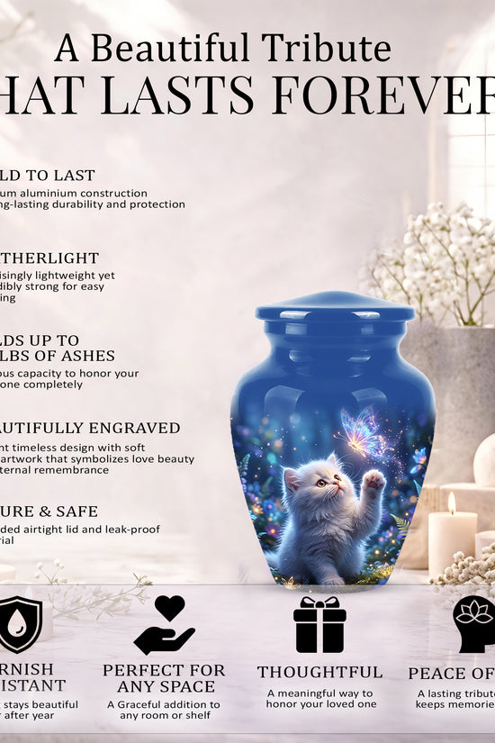 White Cat With Majestic Butterfly - Blue Cremation Urns For Human Ashes