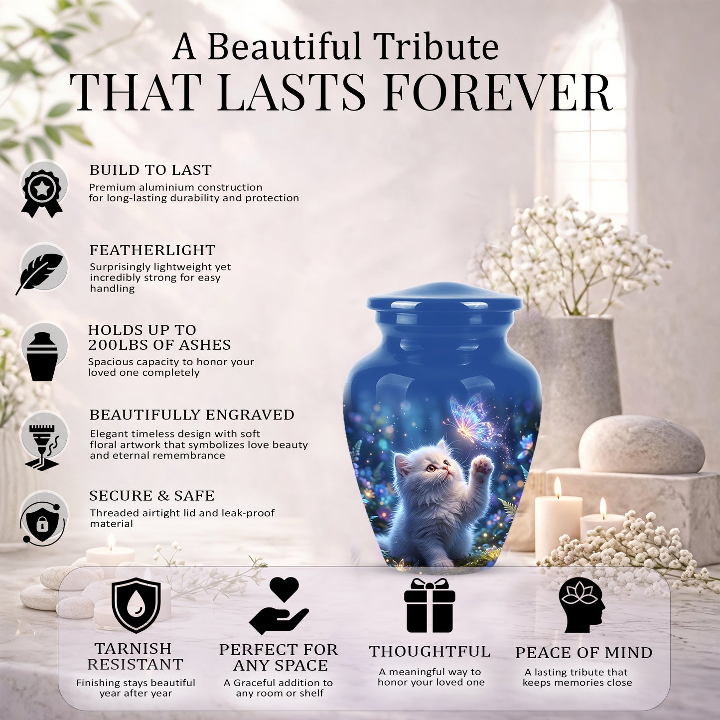 White Cat With Majestic Butterfly - Blue Cremation Urns For Human Ashes