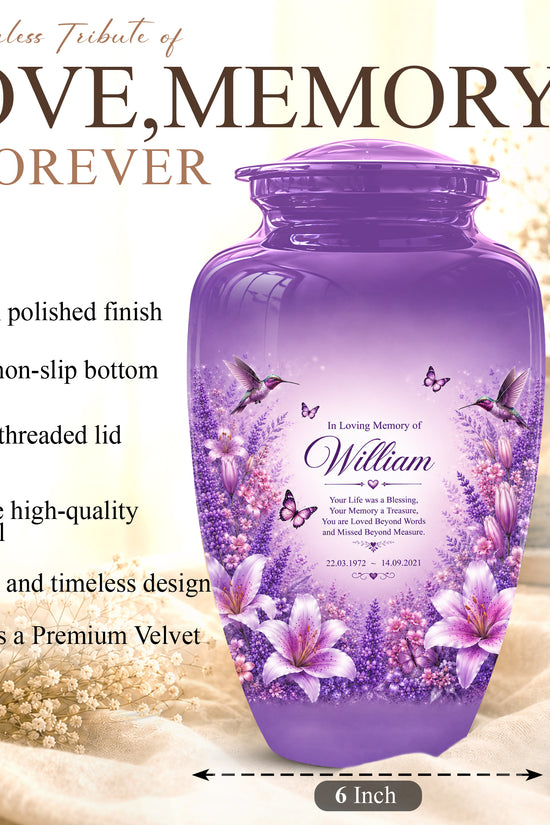 Lavender Hummingbird Urn – Purple Floral Urn for Human Ashes