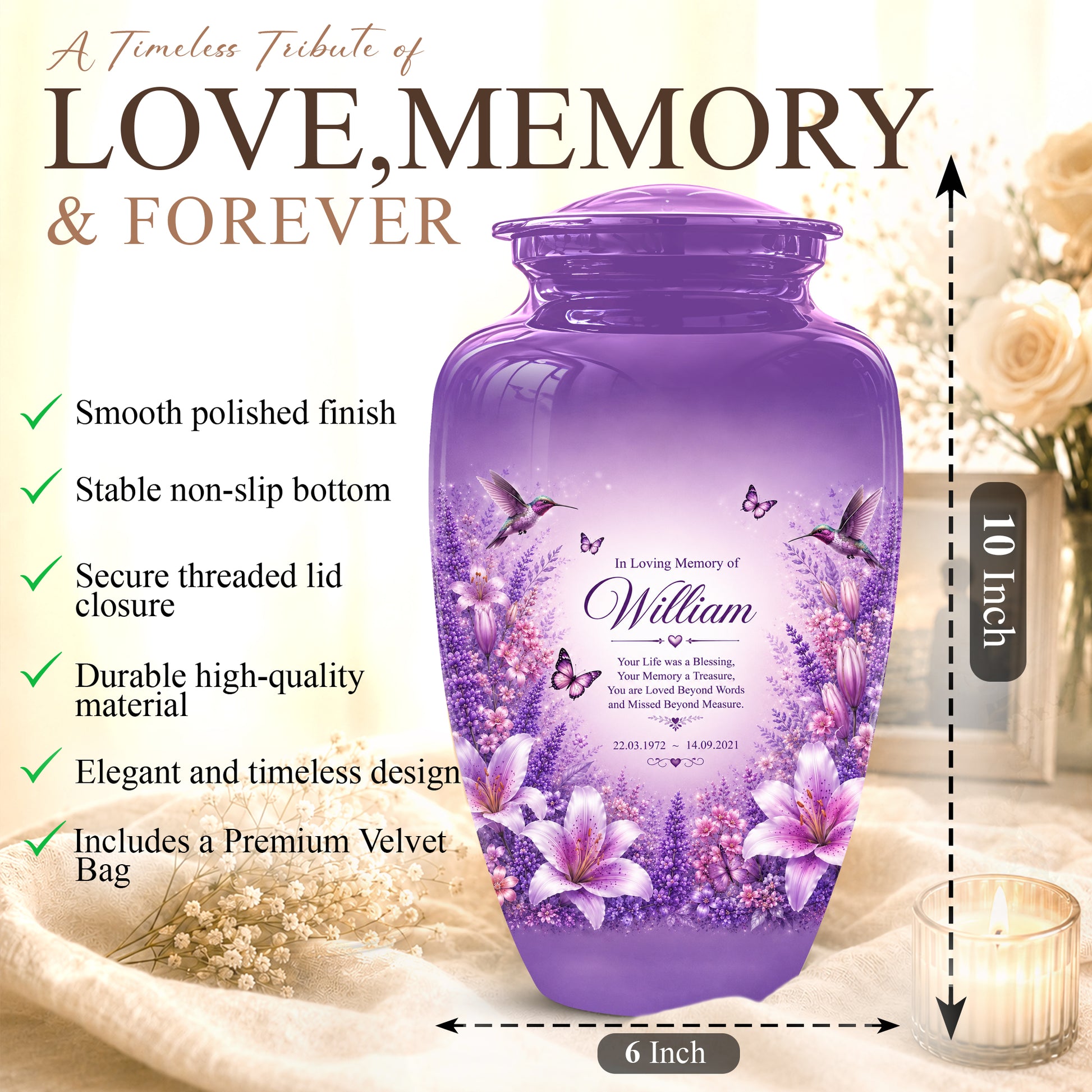 Lavender Hummingbird Urn – Purple Floral Urn for Human Ashes