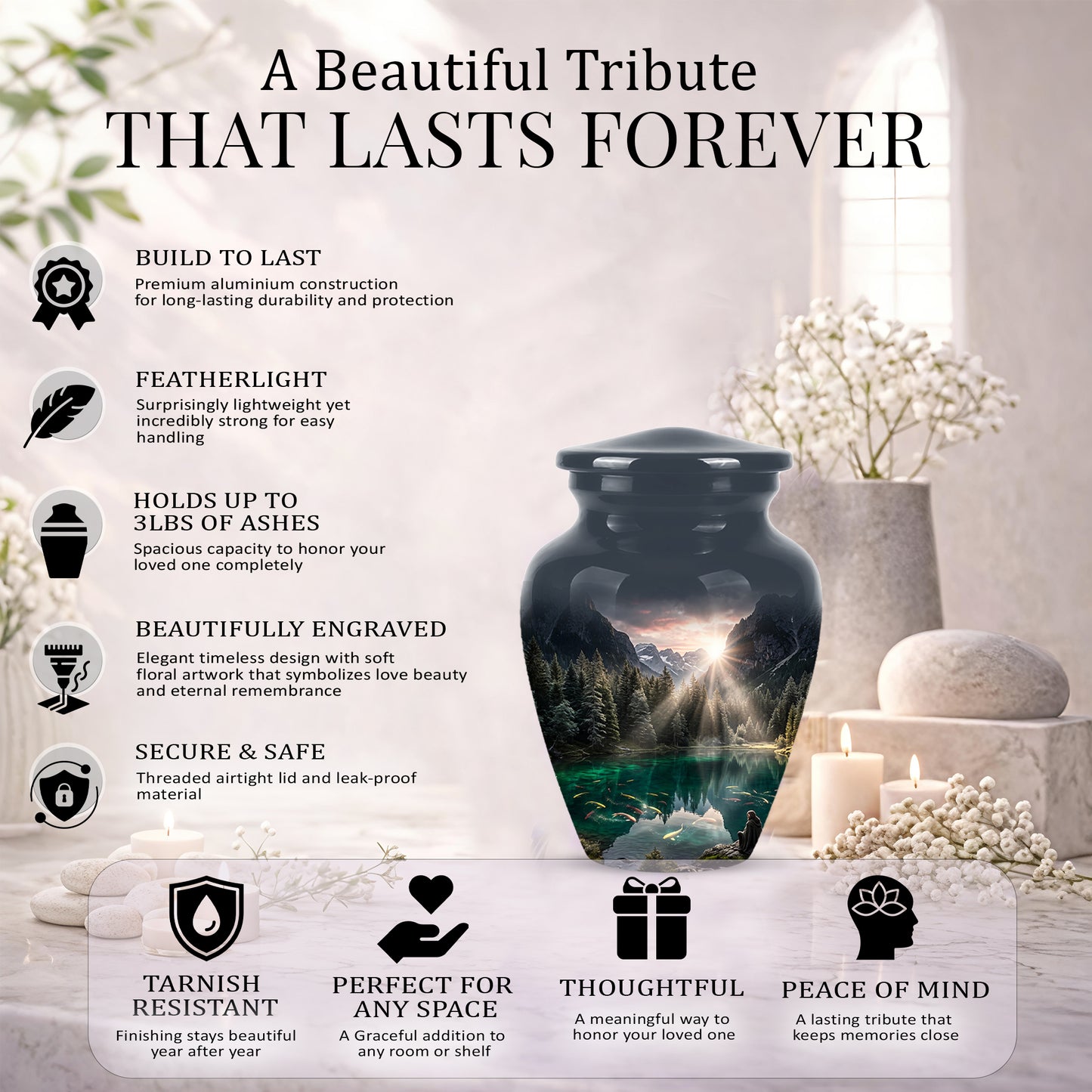 Mountain Lake Cremation Urn - Elegant Nature Urns For Human Ashes
