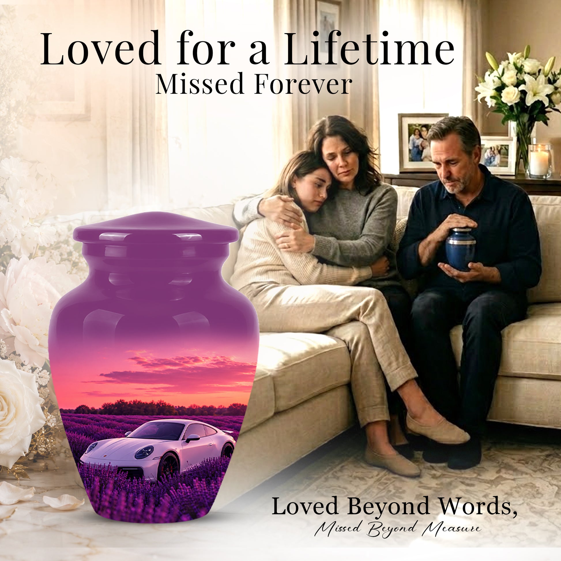 White Car Funeral Urn - Sunset Memorial Urns For Women Car Enthusiasts