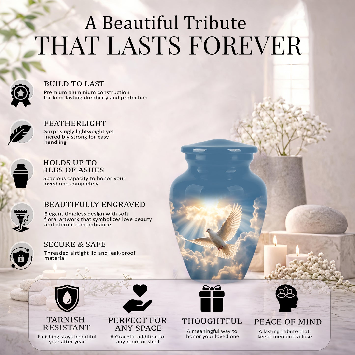 White Dove Bird Themed Urn - Custom Handcrafted Memorial Urns For Ashes