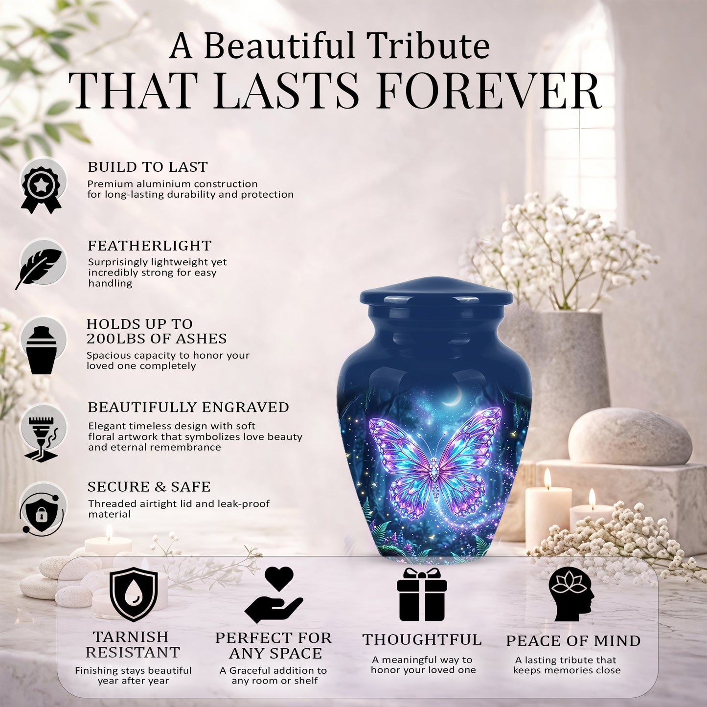 Glowing Colorful Butterfly Memorial Urn - Majestic Urns For Ashes