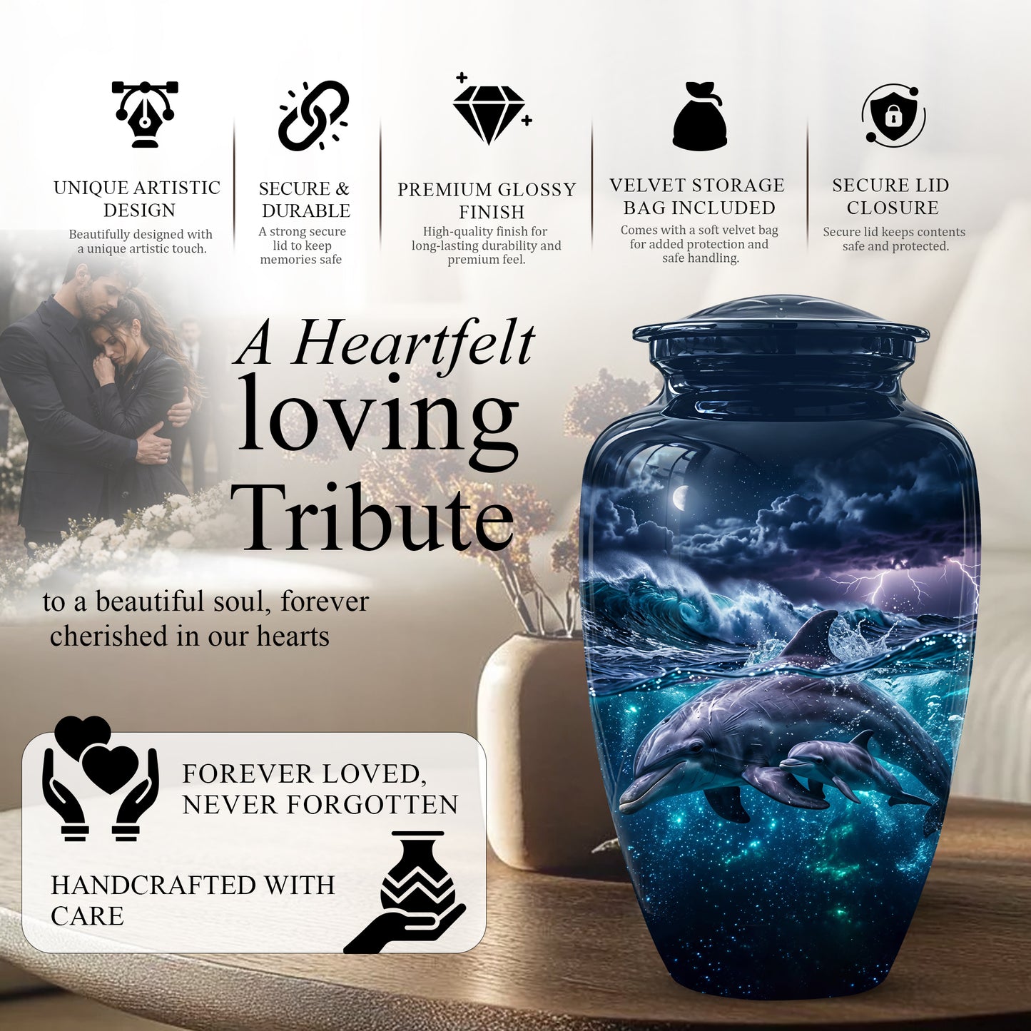 Dolphin Cremation Urn for Ashes –  Beautiful Ocean Storm Memorial Art