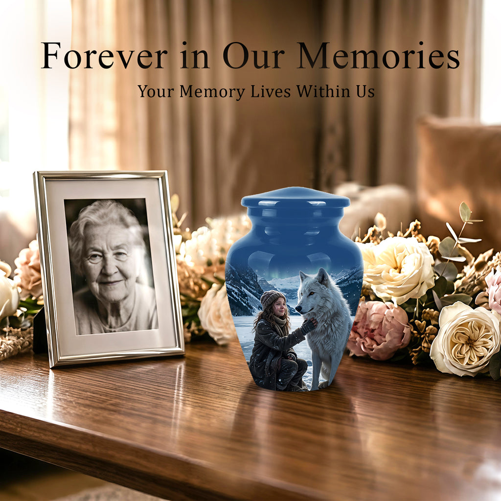 Snowy Moonlit White Wolf Urn for Ashes | Custom Memorial Urn