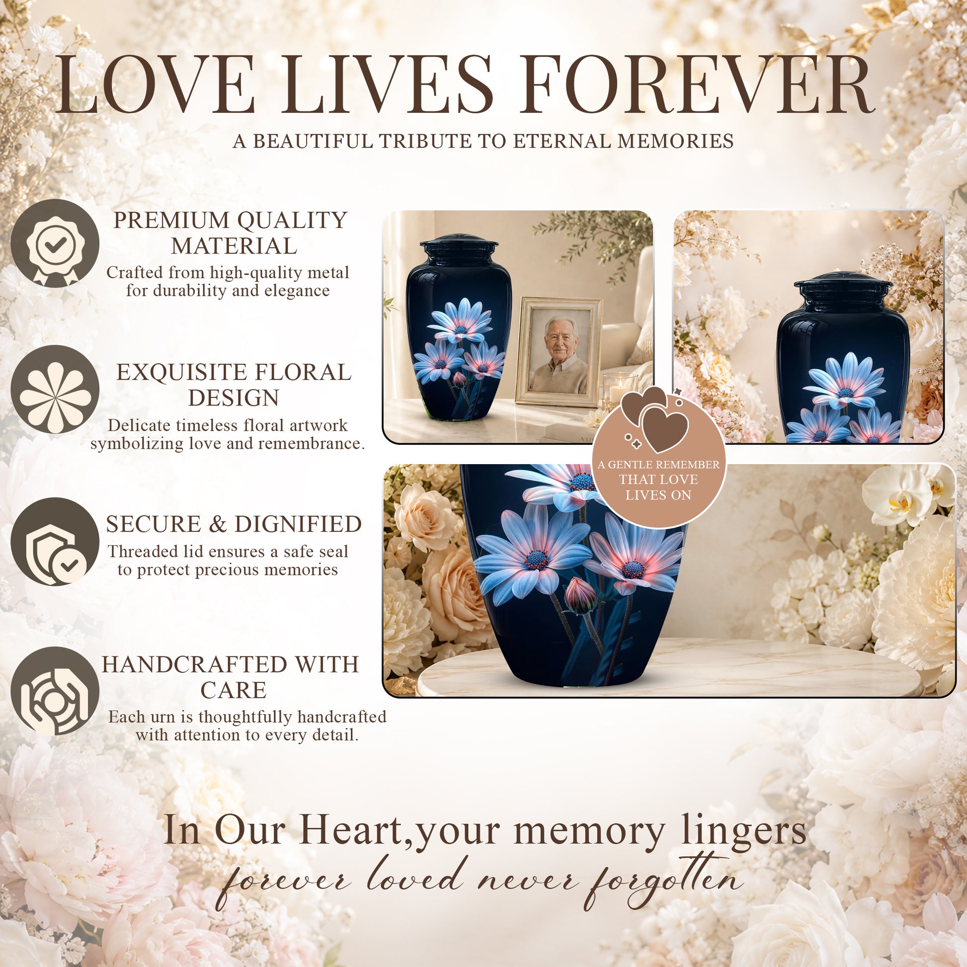 Blue Flower Memorial  Urn - Beautifully Crafted Urns To Tribute Ashes