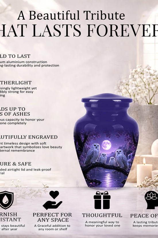 Snowy Owl Family Themed Cremation Urn - Purple Moonlight Memorial Urns